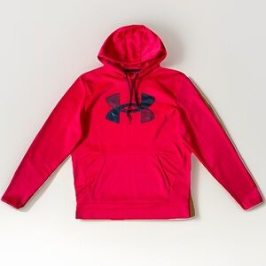 Under Armour Men Size M UA Hooded Fleece Pullover Long Sleeve Red Logo Shirt